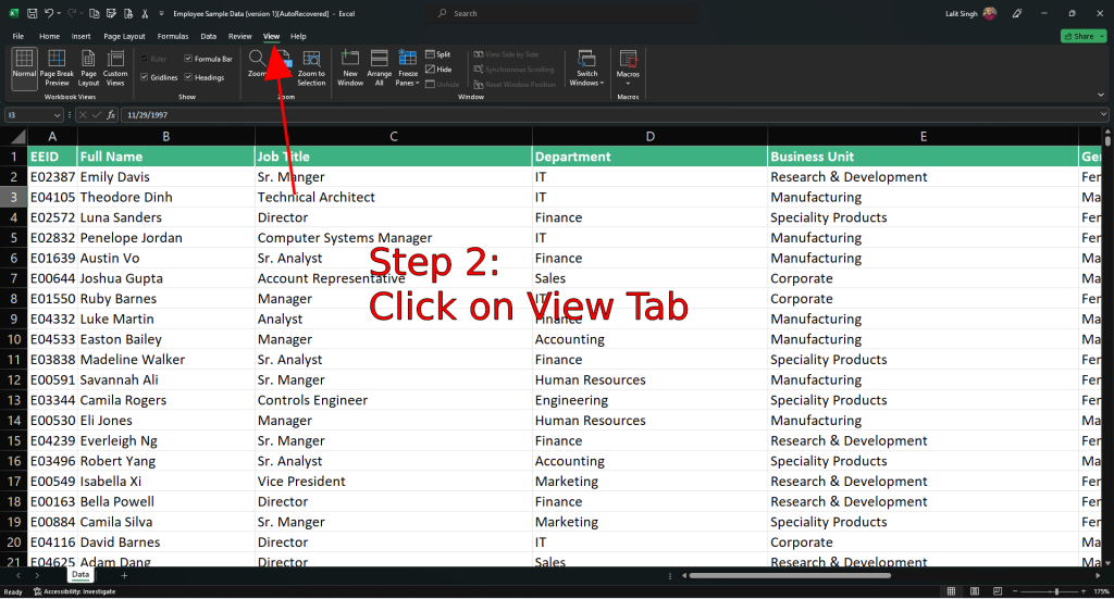 Accessing the 'View' Tab in Excel