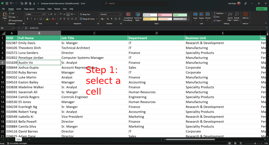 Selecting a Cell in Excel