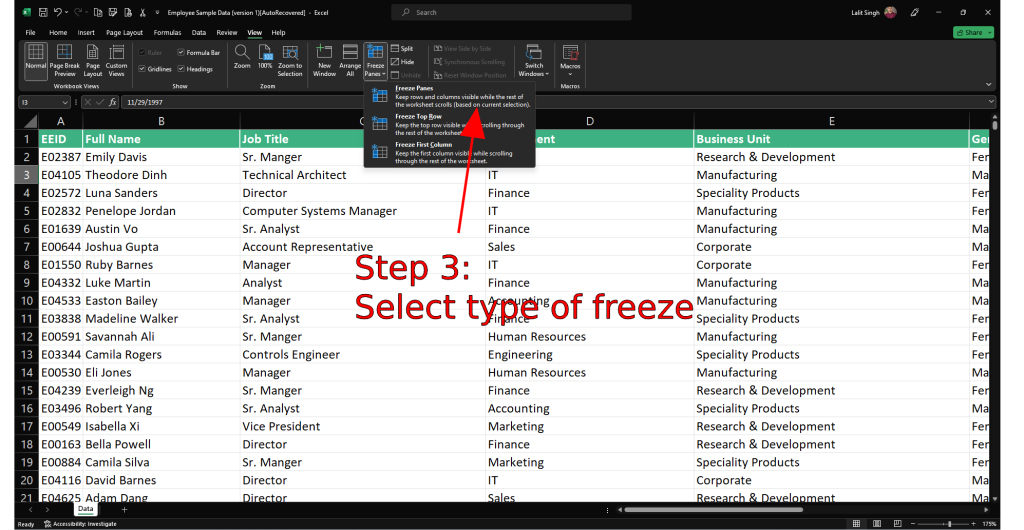 Selecting 'Freeze Panes' in Excel